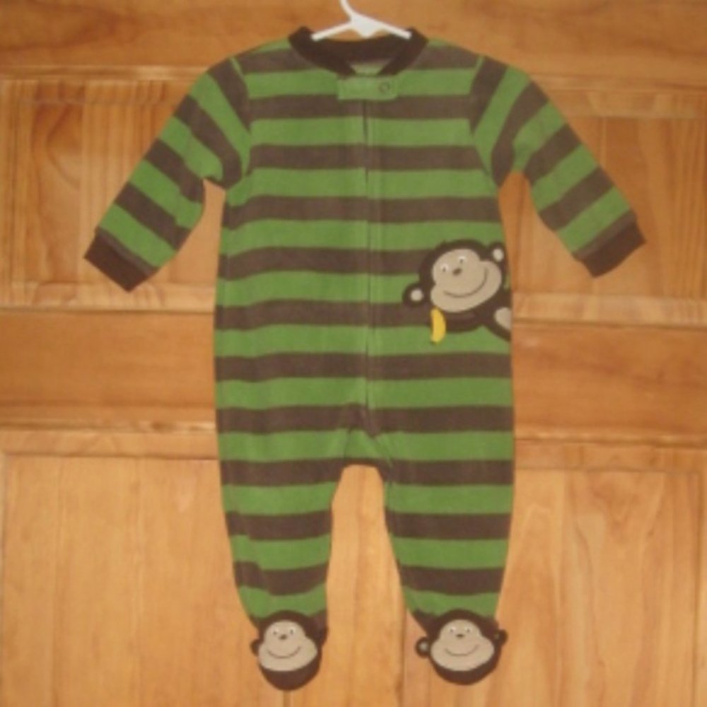 5/$20 Boys Carter's Green/Brown Monkey Fleece Footed Pajamas